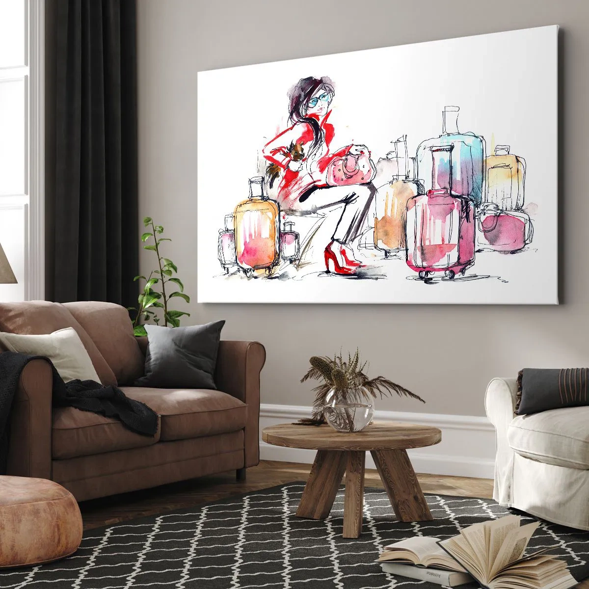 Obraz na płótnie - Kobieta z walizkami w dynamicznej akwarelowej ilustracji - 120x80cm - Siądźmy przed podróżą - Nowoczesna dekoracja ścienna do salonu, kuchni i sypialni ARTTOR