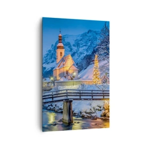 Obraz na płótnie - Zimowy krajobraz z kościołem, mostem i górami o zmierzchu - 80x120cm - Duch Świąt - Nowoczesna dekoracja ścienna do salonu i sypialni ARTTOR