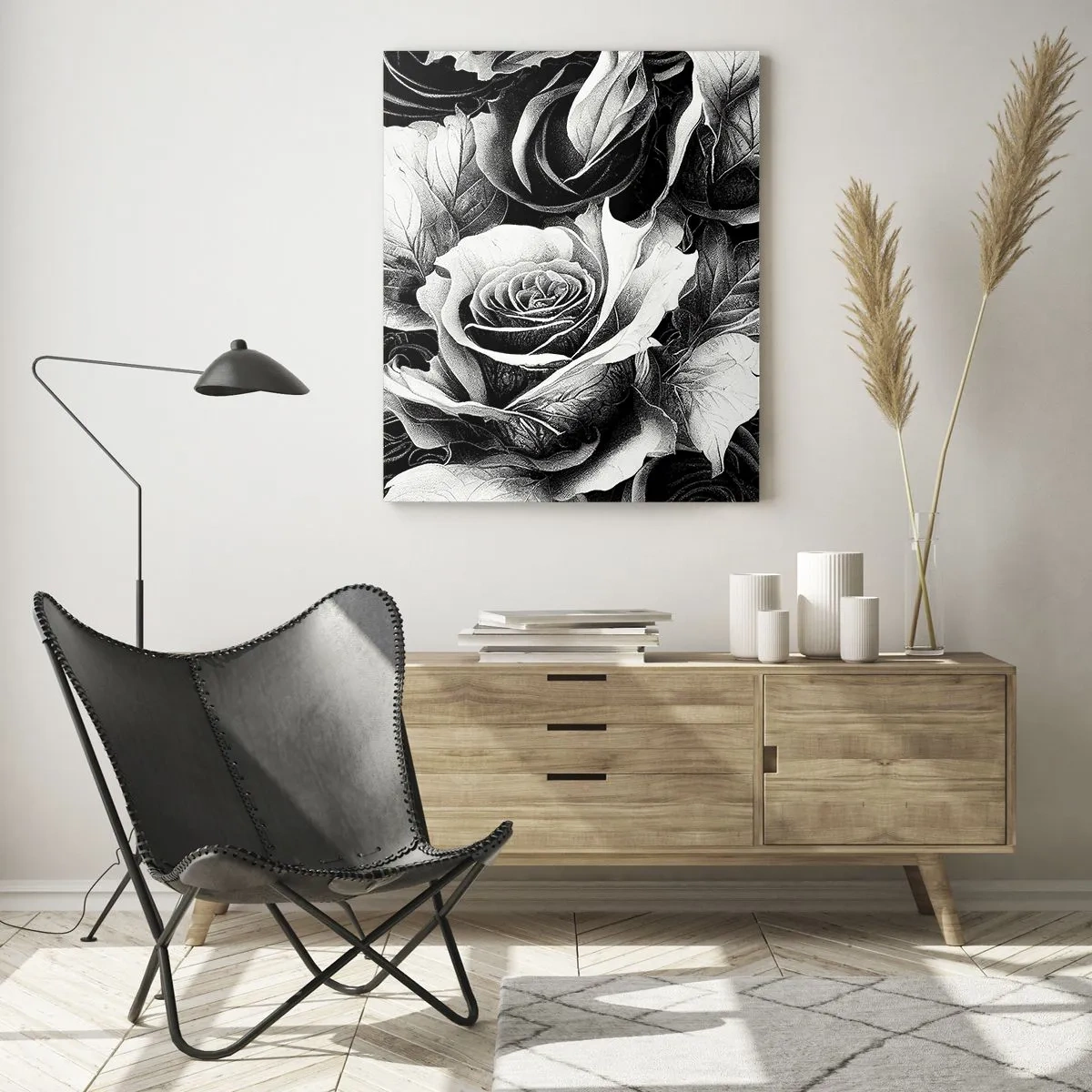 Obraz na szkle - Czarno-białe róże w eleganckiej kompozycji - 70x100cm - Zawsze królowa - Nowoczesna dekoracja ścienna do salonu i sypialni ARTTOR