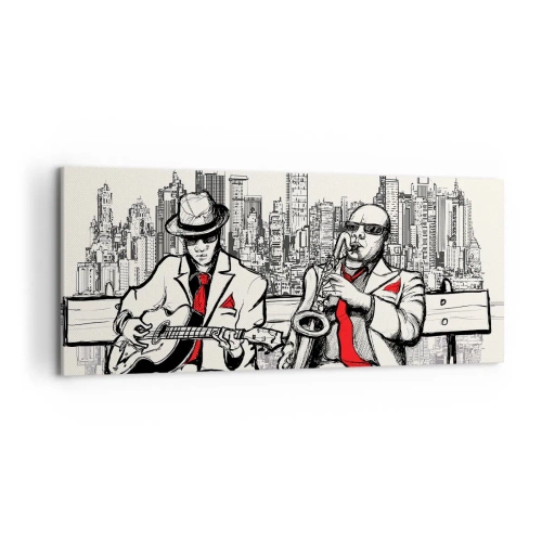 Obraz na płótnie - Jazzowy duet z saksofonem i gitarą na tle miasta - 120x50cm - Nowojorska improwizacja - Nowoczesna dekoracja ścienna do salonu i sypialni ARTTOR