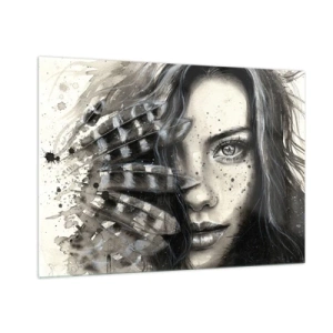 Obraz na szkle - Portret kobiety z piórami i abstrakcyjnymi detalami - 100x70cm - Dzika piękność - Nowoczesna dekoracja ścienna do salonu, kuchni i sypialni ARTTOR