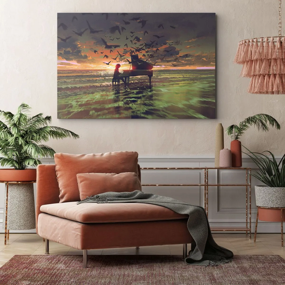 Obraz na płótnie - Pianino na brzegu morza przy zachodzie słońca z ptakami - 70x50cm - Koncert na fortepian i fale - Nowoczesna dekoracja ścienna do salonu i sypialni ARTTOR