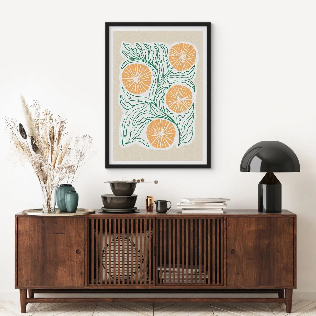 Plakat w czarnej ramie - Abstrakcyjna kompozycja liści i pomarańczy na beżowym tle - 50x70cm - Etnicznie z nutą abstrakcji - Nowoczesna dekoracja ścienna do salonu i sypialni ARTTOR