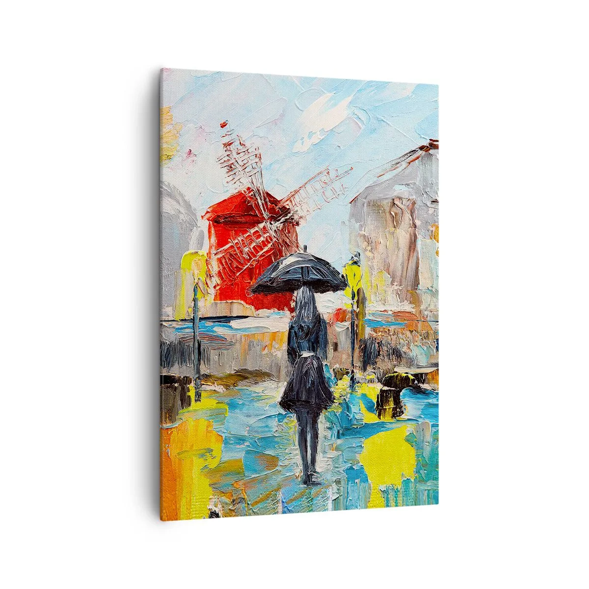 Obraz na płótnie - Malownicza scena z parasolem na tle Paryża w żywych kolorach - 70x100cm - Paryskie legendy - Nowoczesna dekoracja ścienna do salonu i sypialni ARTTOR
