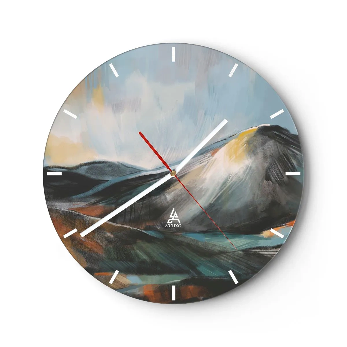 Zegar ścienny - Malarski krajobraz górski w ciepłej kolorystyce - 30x30cm - Surowe i piękne - Nowoczesna dekoracja ścienna do salonu, kuchni i sypialni ARTTOR
