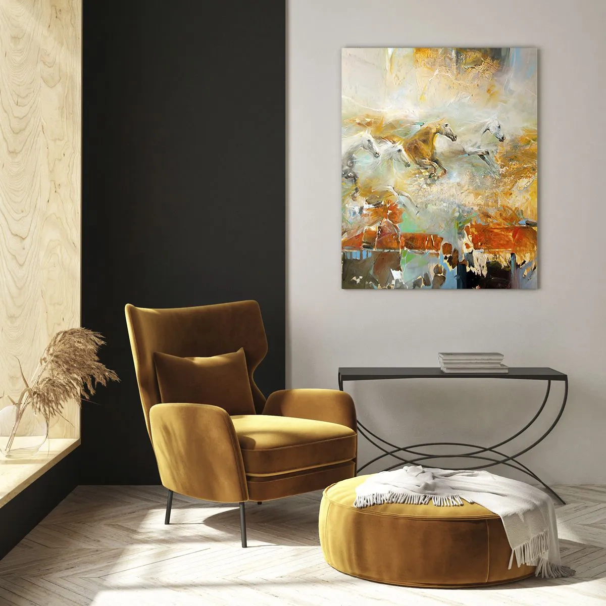 Obraz na szkle - Abstrakcyjne konie w dynamicznym ruchu - 50x70cm - Galopem przez światło - Nowoczesna dekoracja ścienna do salonu, kuchni i sypialni ARTTOR