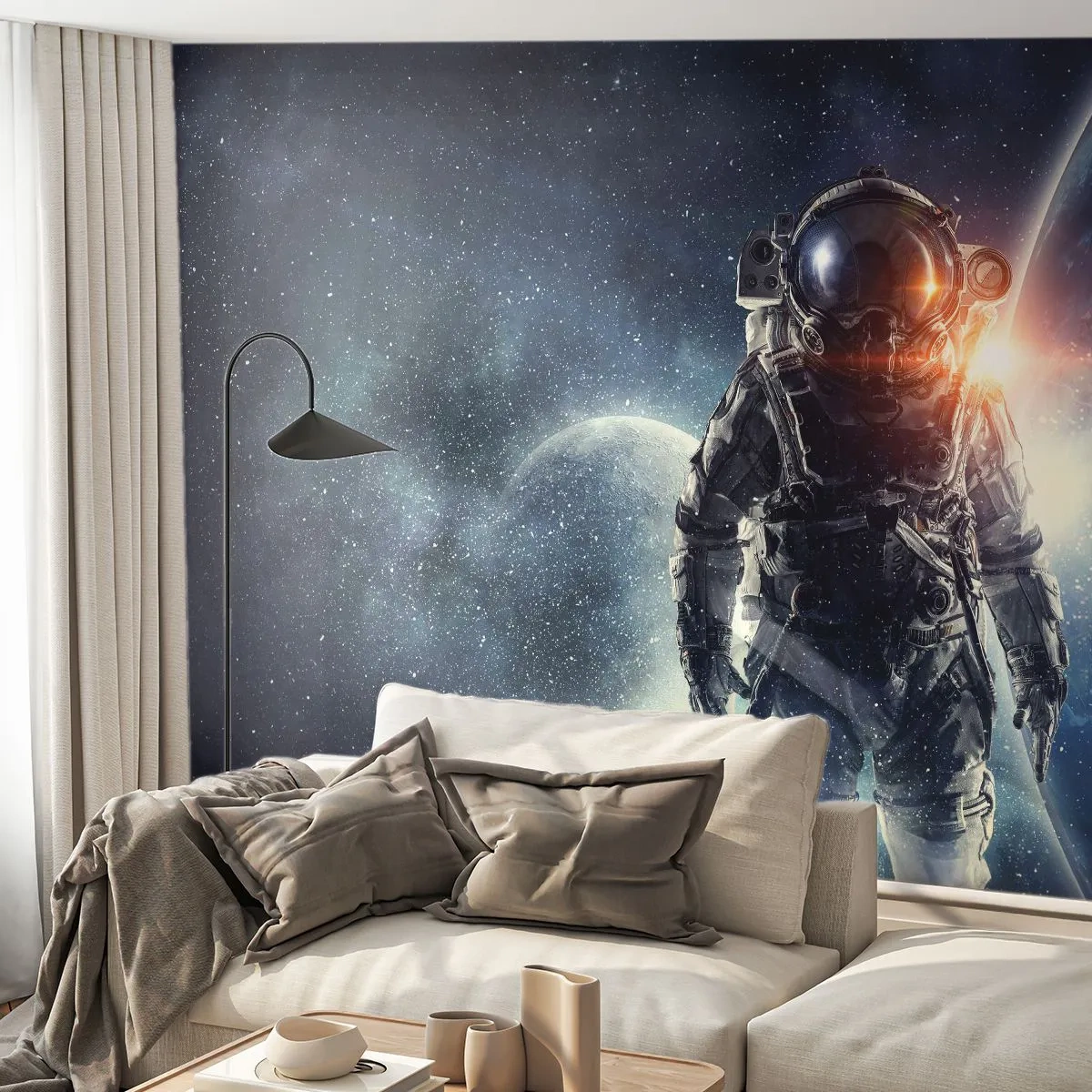 Fototapeta Premium Sand - Astronauta unoszący się w przestrzeni kosmicznej z planetami - 100x70cm - Kosmiczna przygoda - Nowoczesna dekoracja ścienna do salonu, kuchni i sypialni ARTTOR