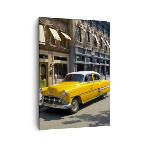 Obraz na płótnie - Żółta taksówka retro na tle kamienic - 50x70cm - Dawno temu w Ameryce - Nowoczesna dekoracja ścienna do salonu, kuchni i sypialni ARTTOR