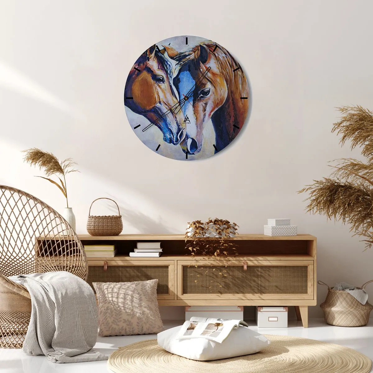 Zegar ścienny - Obraz dwóch koni w malarskim stylu z wyrazistymi kolorami - 30x30cm - Czy to jest przyjaźń? czy to jest kochanie? - Nowoczesna dekoracja ścienna do salonu, kuchni i sypialni ARTTOR