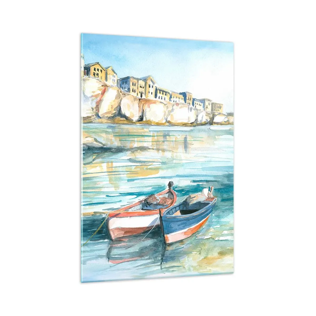 Obraz na szkle - Malowniczy krajobraz nadmorski z łodziami na wodzie - 70x100cm - Pejzaż w lazurze - Nowoczesna dekoracja ścienna do salonu i sypialni ARTTOR