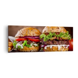 Obraz na płótnie - Apetyczne burgery z warzywami i sosem - 140x50cm - American dream - Nowoczesna dekoracja ścienna do salonu i sypialni ARTTOR