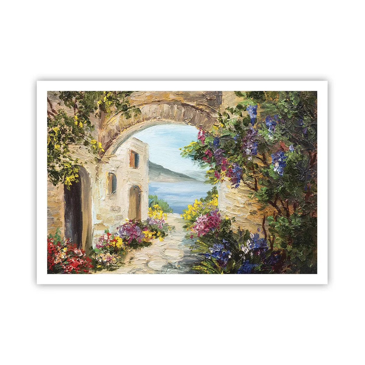 Plakat - Nadmorski krajobraz z kamiennymi budynkami i kwiatami - 100x70cm - Urok nadmorskiej prowincji - Nowoczesna dekoracja ścienna do salonu i sypialni ARTTOR