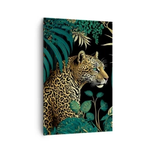 Obraz na płótnie - Leopard w tropikalnych liściach na czarnym tle - 80x120cm - Gospodarz w dżungli - Nowoczesna dekoracja ścienna do salonu i sypialni ARTTOR