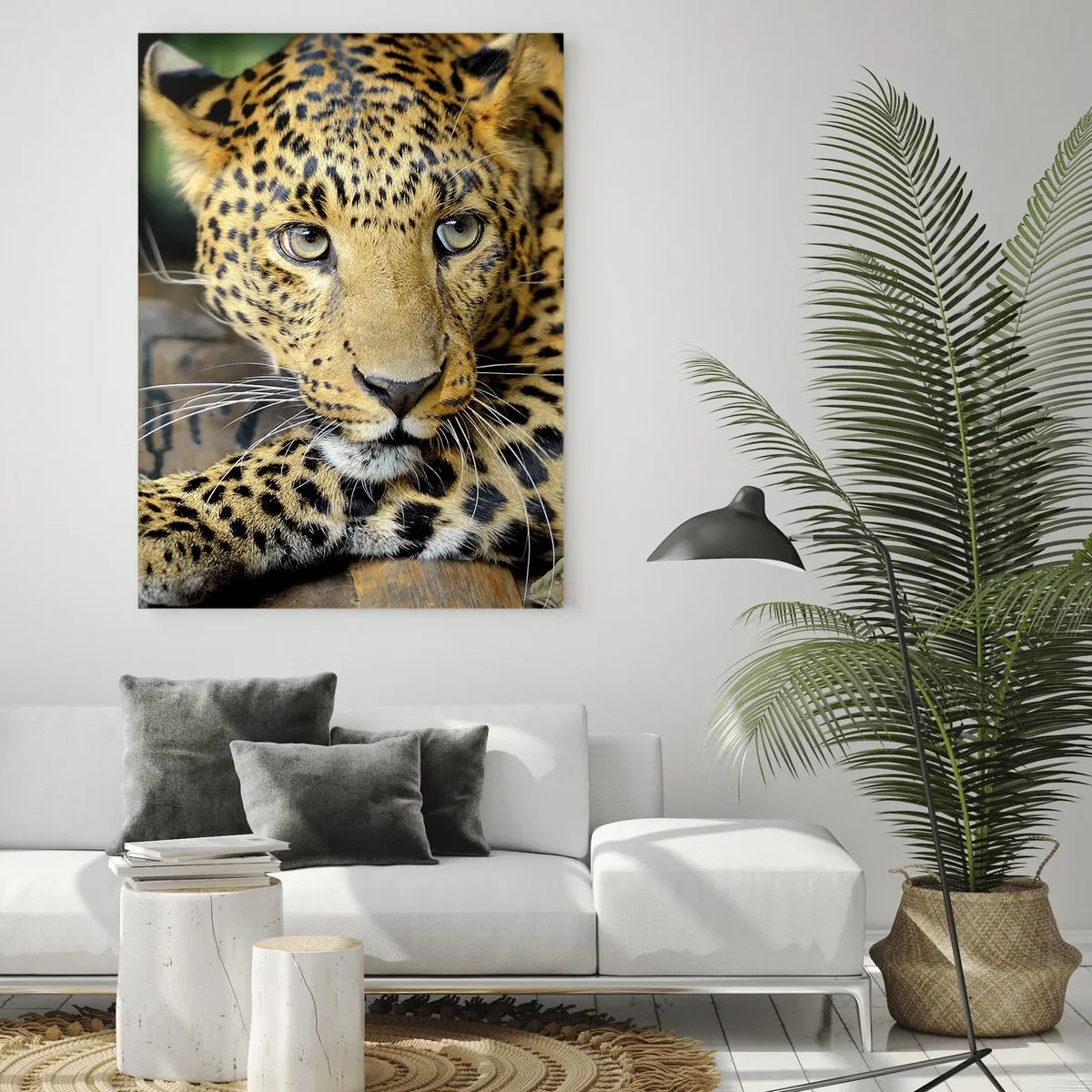 Obraz na szkle - Leopard odpoczywający na drewnianej powierzchni - 50x70cm - Nie bój się, podejdź - Nowoczesna dekoracja ścienna do salonu, kuchni i sypialni ARTTOR