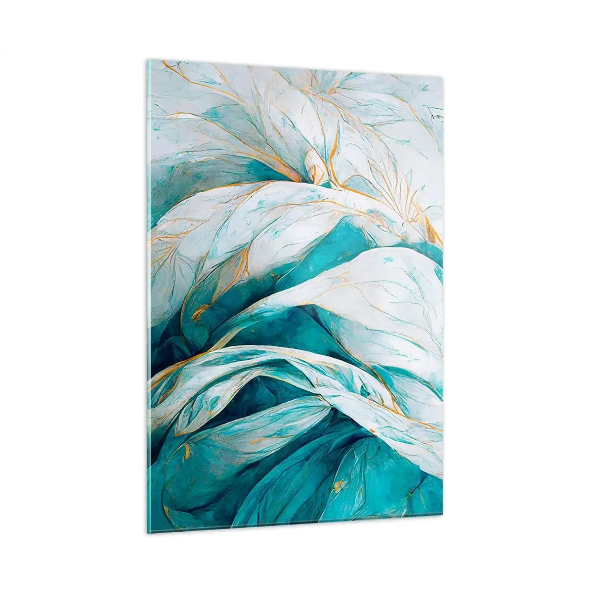 Obraz na szkle - Organiczna abstrakcja w błękitach i złotych liniach - 50x70cm - Błękitna abstrakcja z motywem złota - Nowoczesna dekoracja ścienna do salonu, kuchni i sypialni ARTTOR