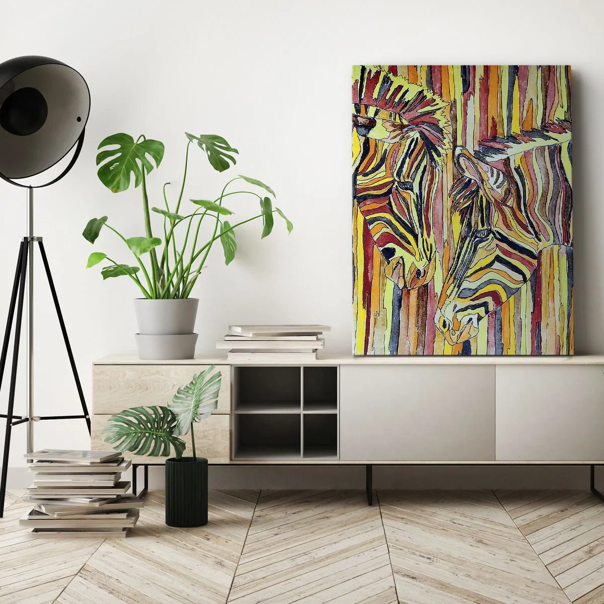 Obraz na płótnie - A więc ty też… - Kolorowe zebry na tle pionowych linii - 50x70cm