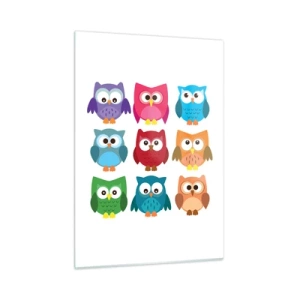 Obraz na szkle - Kolorowe sówki w rysunkowym stylu na białym tle - 50x70cm - Różnić można się zabawnie - Nowoczesna dekoracja ścienna do salonu, kuchni i sypialni ARTTOR