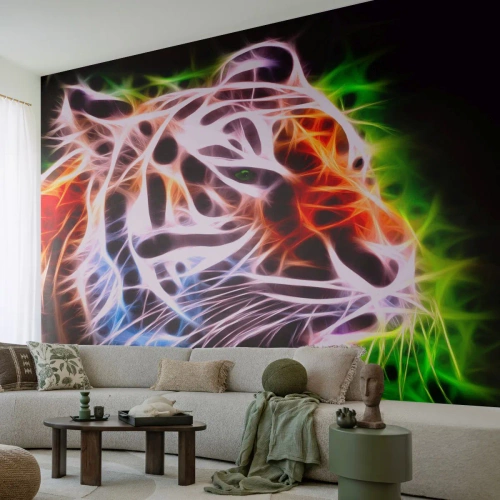 Fototapeta Standard Eco - Abstrakcyjny tygrys w neonowych barwach - 100x70cm - Groźna aura - Nowoczesna dekoracja ścienna do salonu i sypialni ARTTOR