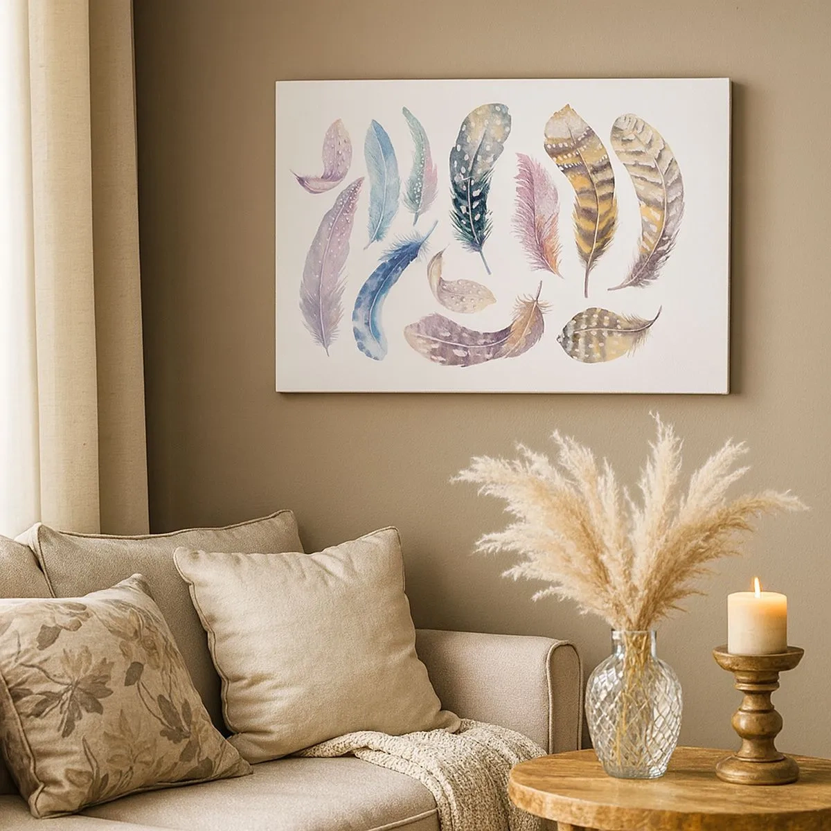 Obraz na płótnie - Kolorowe pióra w delikatnym akwarelowym stylu - 70x50cm - Lekkie, pstrokate i wielobarwne - Nowoczesna dekoracja ścienna do salonu i sypialni ARTTOR