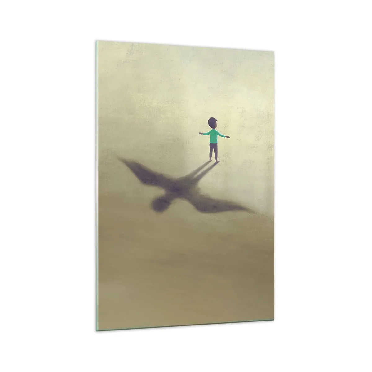 Obraz na szkle - Symboliczna postać dziecka z cieniem ptaka na tle w ciepłych odcieniach - 70x100cm - Bohater przyszłości - Nowoczesna dekoracja ścienna do salonu i sypialni ARTTOR