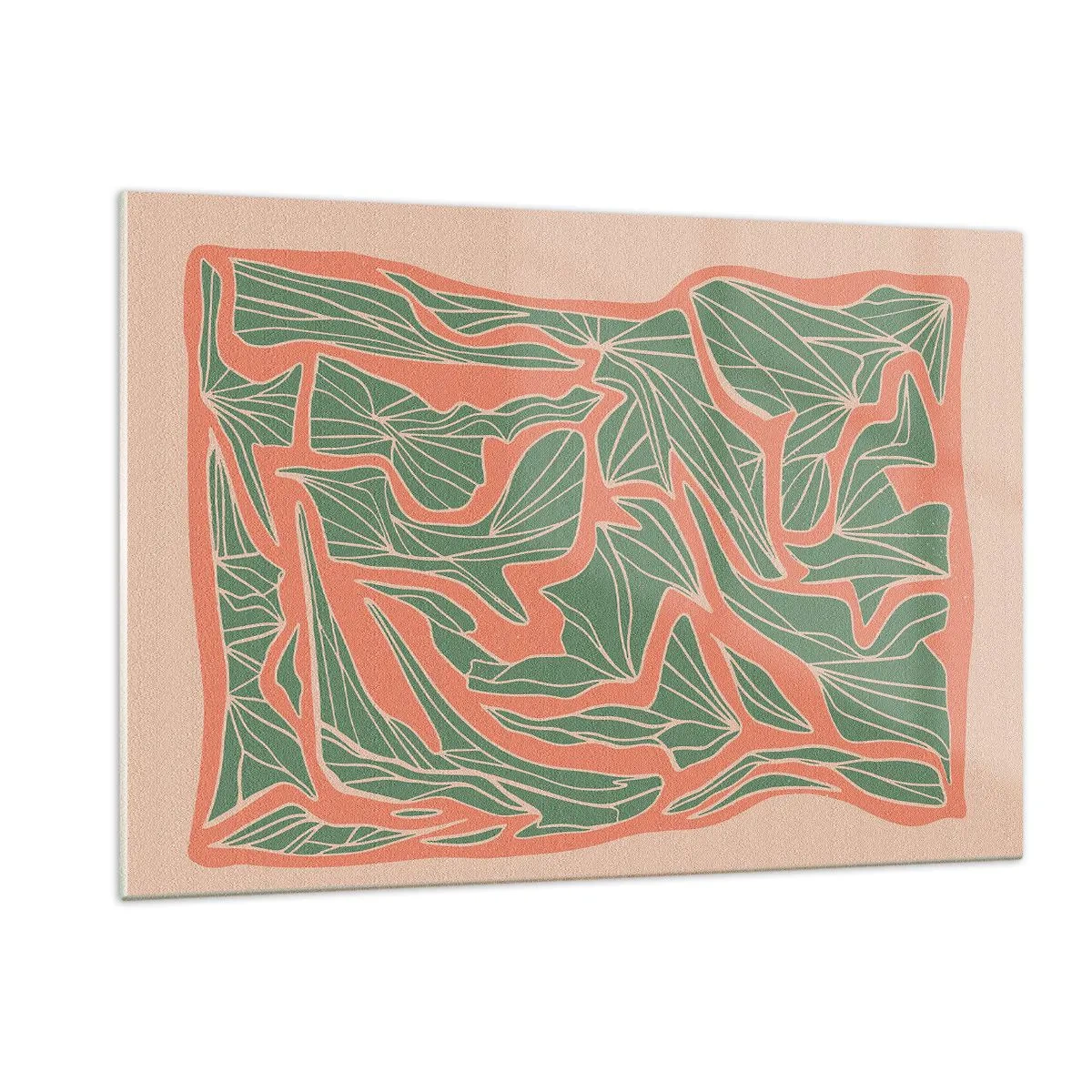 Obraz na szkle - Zielone liściaste formy otoczone koralową ramą na beżowym tle - 120x80cm - Zmagania koralu i zieleni - Nowoczesna dekoracja ścienna do salonu, kuchni i sypialni ARTTOR