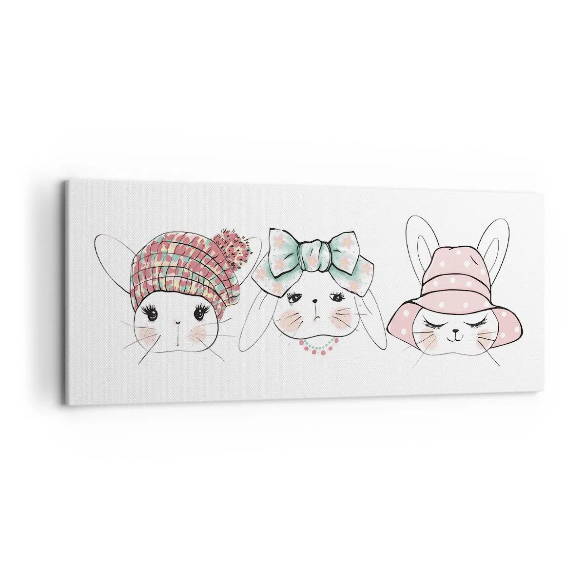 Obraz na płótnie - Urocze króliczki w pastelowych nakryciach głowy - 120x50cm - Zamyślona, smutna, zadowolona - Nowoczesna dekoracja ścienna do salonu i sypialni ARTTOR