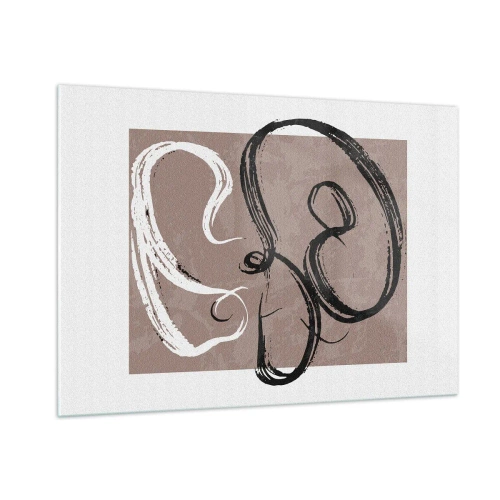 Obraz na szkle - Dynamiczne pociągnięcia pędzla w czerni i bieli na beżowym tle - 100x70cm - Kompozycja – poszukiwanie pełni - Nowoczesna dekoracja ścienna do salonu, kuchni i sypialni ARTTOR