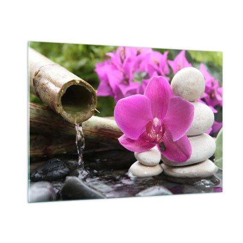 Obraz na szkle - Fioletowa orchidea, kamienie i bambusowy wodospad - 100x70cm - Już odpoczywasz - Nowoczesna dekoracja ścienna do salonu, kuchni i sypialni ARTTOR