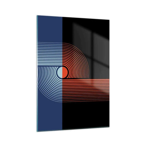 Obraz na szkle - Nowoczesna grafika geometryczna w kontrastowych barwach - 50x70cm - W geometrycznym uścisku - Nowoczesna dekoracja ścienna do salonu, kuchni i sypialni ARTTOR