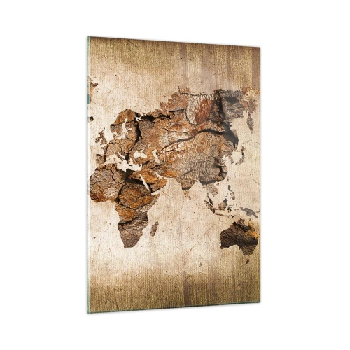 Obraz na szkle - Mapa świata w brązowych odcieniach imitująca drewno - 50x70cm - Odkrycie świata - Nowoczesna dekoracja ścienna do salonu, kuchni i sypialni ARTTOR