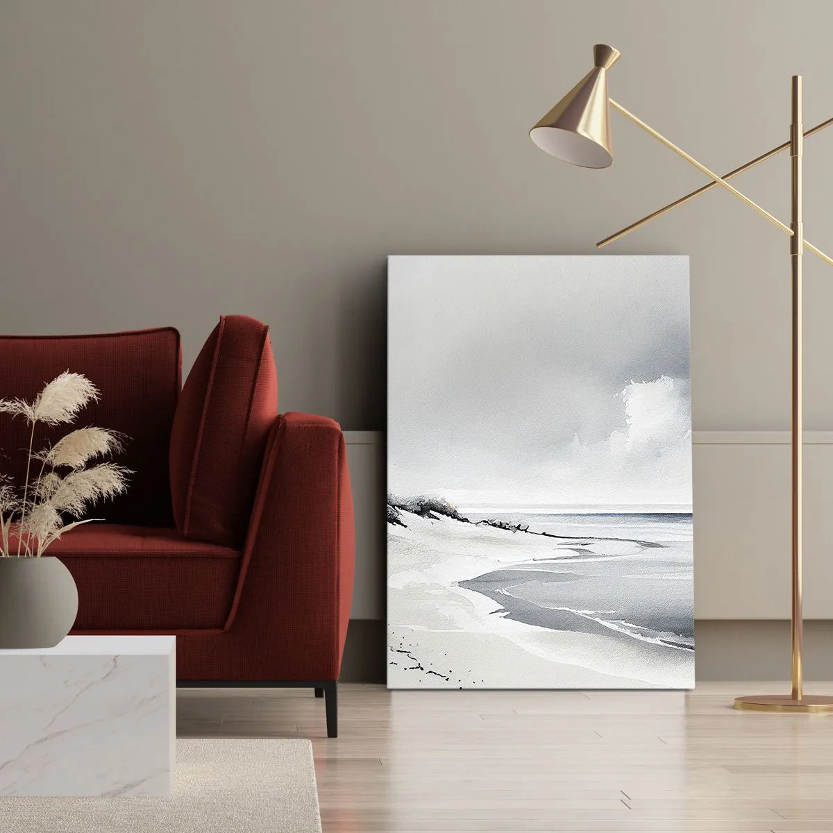 Obraz na płótnie - Minimalistyczna akwarela przedstawiająca spokojną plażę pod pochmurnym niebem - 50x70cm - Od zawsze razem - Nowoczesna dekoracja ścienna do salonu, kuchni i sypialni ARTTOR