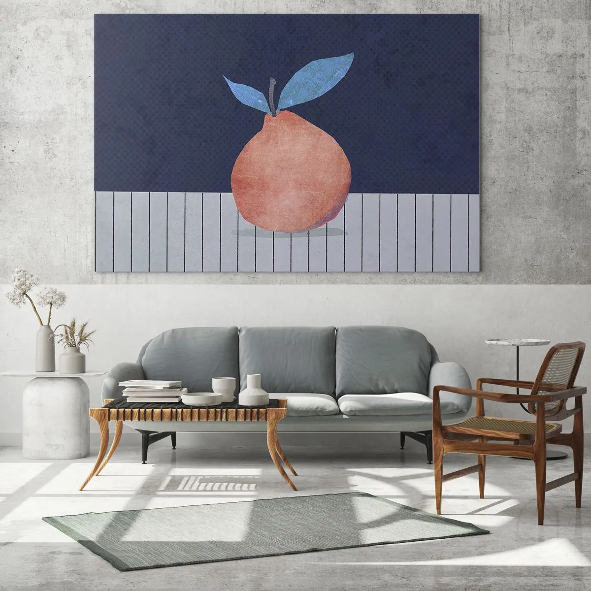 Obraz na szkle - Owoc o abstrakcyjnej formie na tle geometrycznej kompozycji - 70x50cm - Wypukłość i płaszczyzna - Nowoczesna dekoracja ścienna do salonu i sypialni ARTTOR