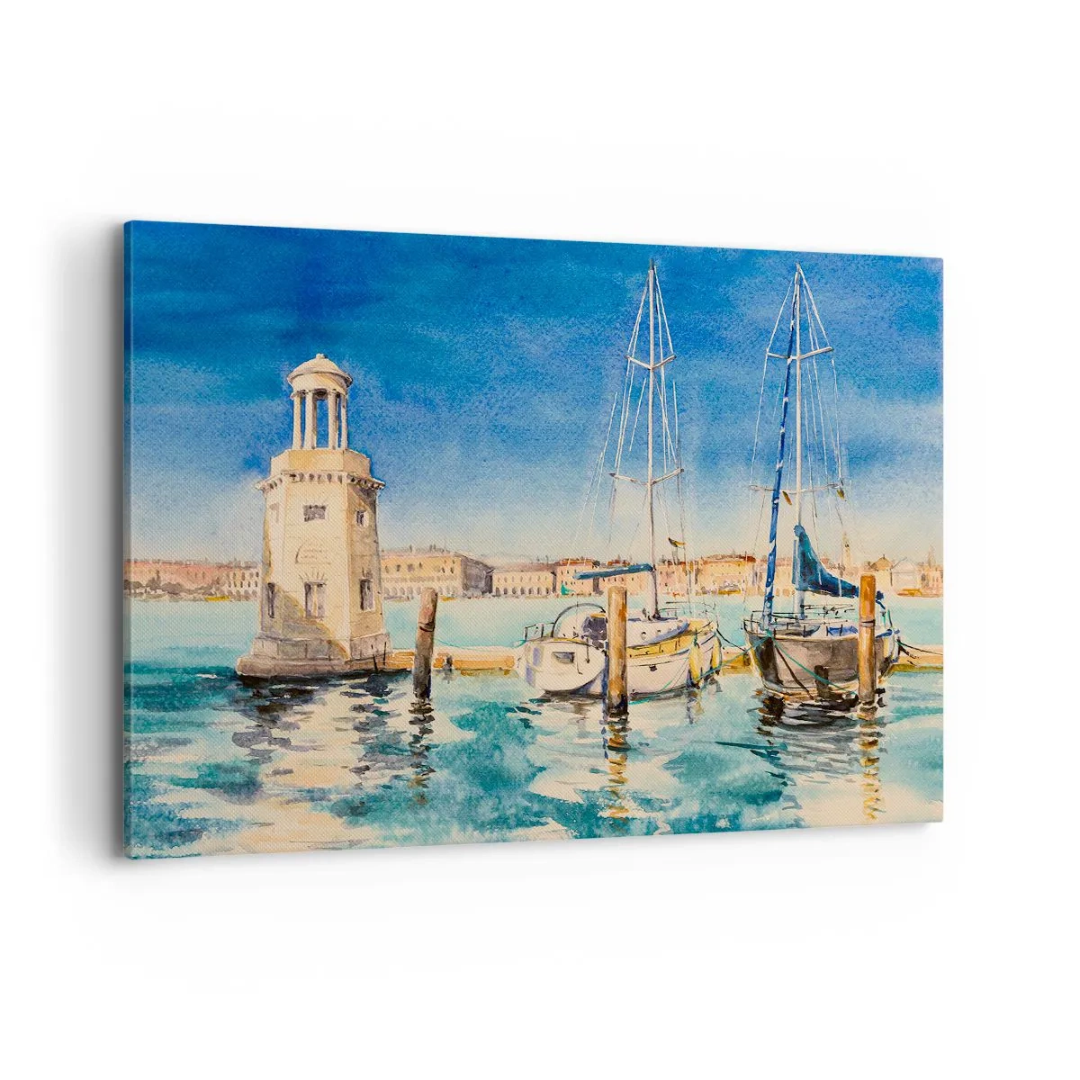 Obraz na płótnie - Marina z łodziami na tle błękitnej laguny - 120x80cm - Słoneczna laguna - Nowoczesna dekoracja ścienna do salonu, kuchni i sypialni ARTTOR