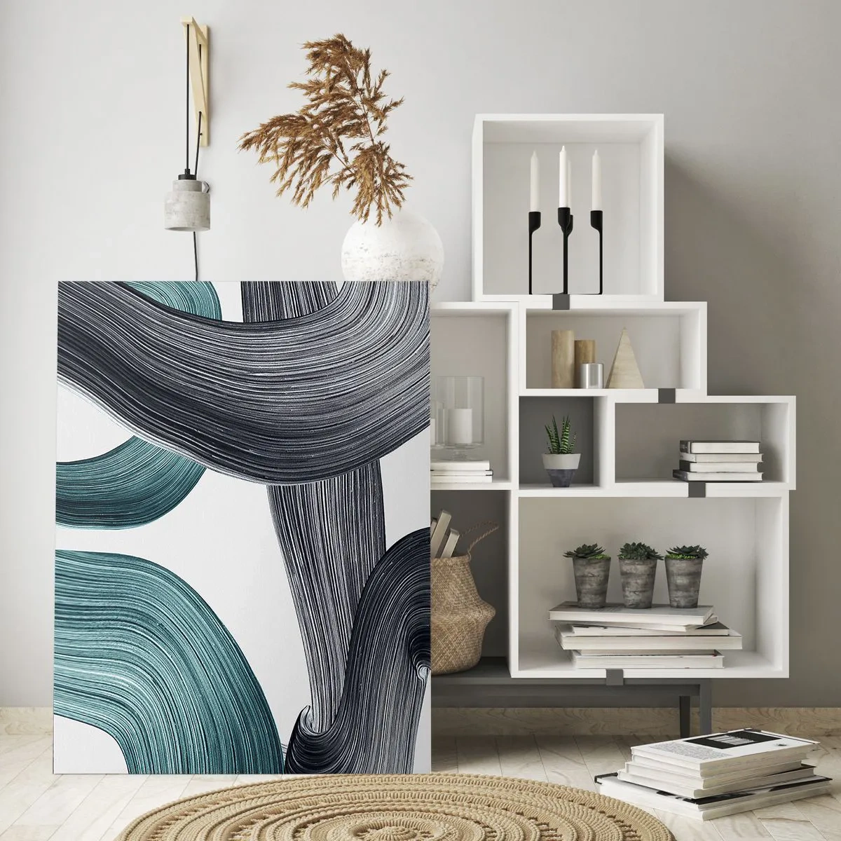 Obraz na szkle - Dynamiczne smugi w odcieniach szmaragdowym i czarnym na białym tle - 50x70cm - Szmaragdowe i czarne szlaki - Nowoczesna dekoracja ścienna do salonu, kuchni i sypialni ARTTOR