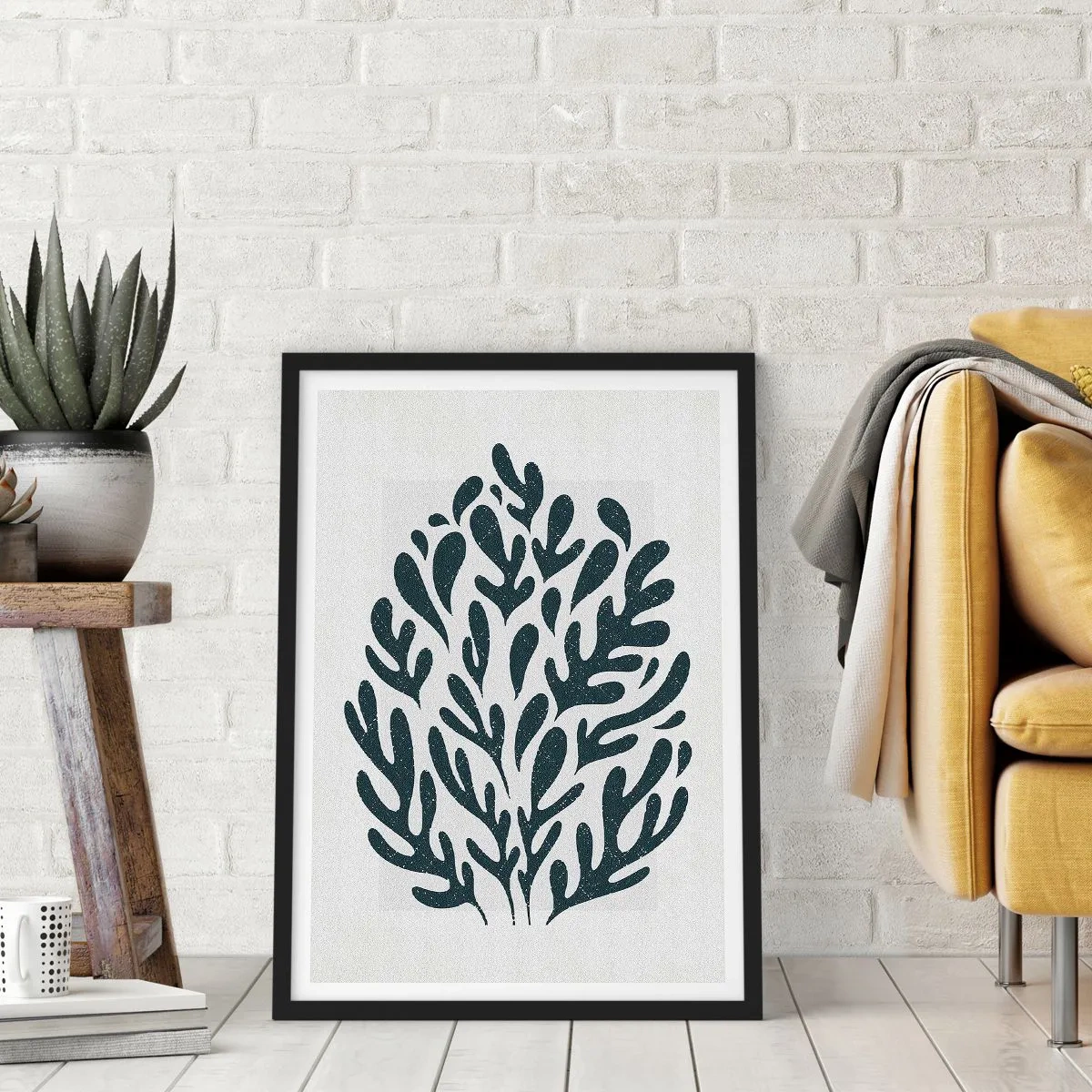 Plakat w czarnej ramie - Czarna roślinna kompozycja na jasnym tle - 50x70cm - Kształty natury - Nowoczesna dekoracja ścienna do salonu i sypialni ARTTOR