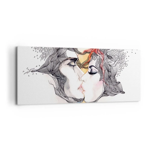 Obraz na płótnie - Artystyczny portret pary z abstrakcyjnymi motywami włosów - 120x50cm - Świat nie istnieje - Nowoczesna dekoracja ścienna do salonu i sypialni ARTTOR