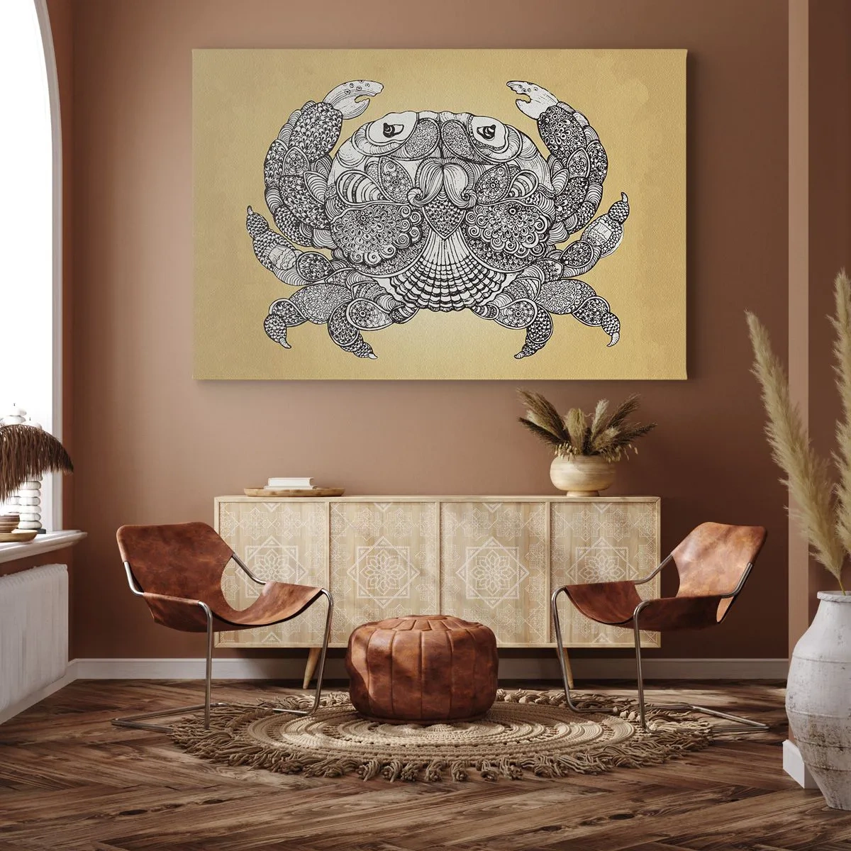Obraz na płótnie - Dekoracyjny rysunek kraba na złotym tle - 70x50cm - Opowieści Pana Kraba - Nowoczesna dekoracja ścienna do salonu i sypialni ARTTOR