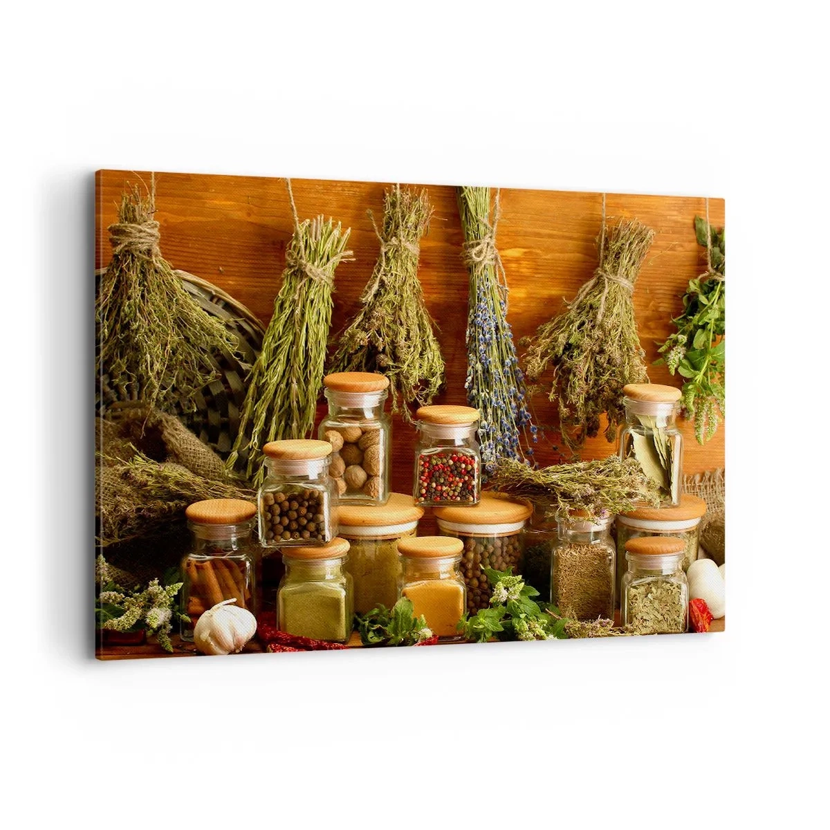 Obraz na płótnie - Zioła i przyprawy w słoikach na rustykalnym tle - 100x70cm - Kuchenne czary - Nowoczesna dekoracja ścienna do salonu, kuchni i sypialni ARTTOR
