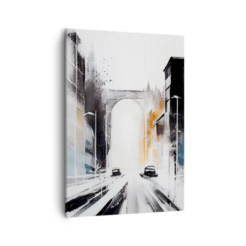 Obraz na płótnie - Nowoczesna impresja miejskiej ulicy z łukiem triumfalnym w tle - 50x70cm - Studium miasta: architektura i ruch - Nowoczesna dekoracja ścienna do salonu, kuchni i sypialni ARTTOR