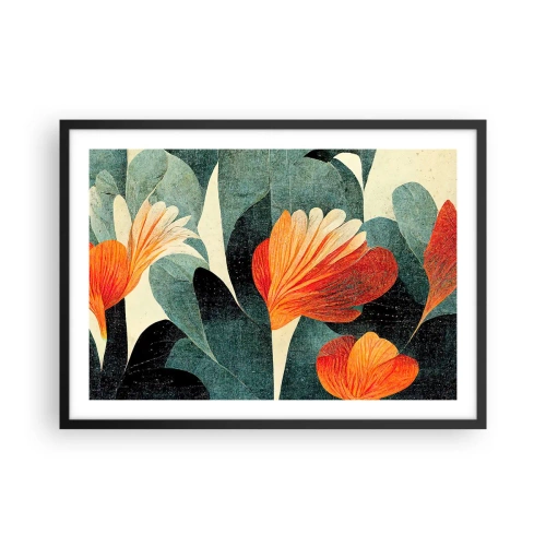 Plakat w czarnej ramie - Kwiaty w intensywnych odcieniach pomarańczu i zieleni - 70x50cm - Żar tropików i chłód zieleni - Nowoczesna dekoracja ścienna do salonu i sypialni ARTTOR