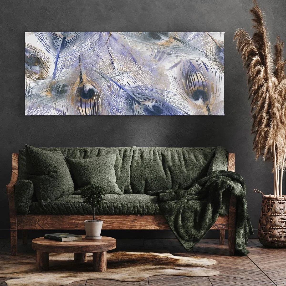 Obraz na płótnie - Wzór z piórami pawia w odcieniach błękitu i złota - 160x50cm - Pawiooka kompozycja - Nowoczesna dekoracja ścienna do salonu i sypialni ARTTOR