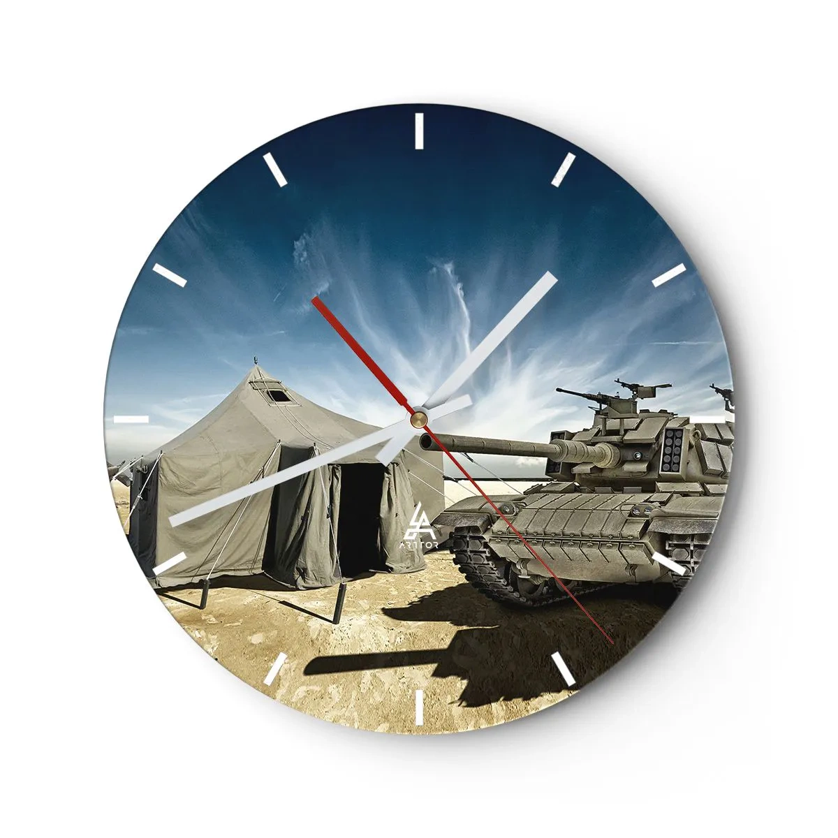 Zegar ścienny - Czołg i namiot na tle niebieskiego nieba - 30x30cm - Militarny sen - Nowoczesna dekoracja ścienna do salonu, kuchni i sypialni ARTTOR