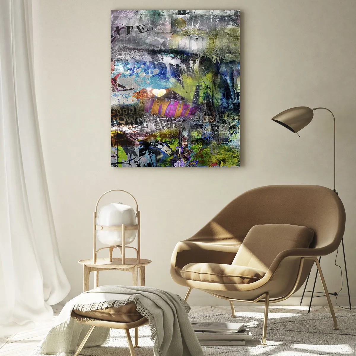 Obraz na szkle - Abstrakcyjny kolaż z tekstami i różnorodnymi kolorami - 70x100cm - Kolaż wspomnień - Nowoczesna dekoracja ścienna do salonu i sypialni ARTTOR