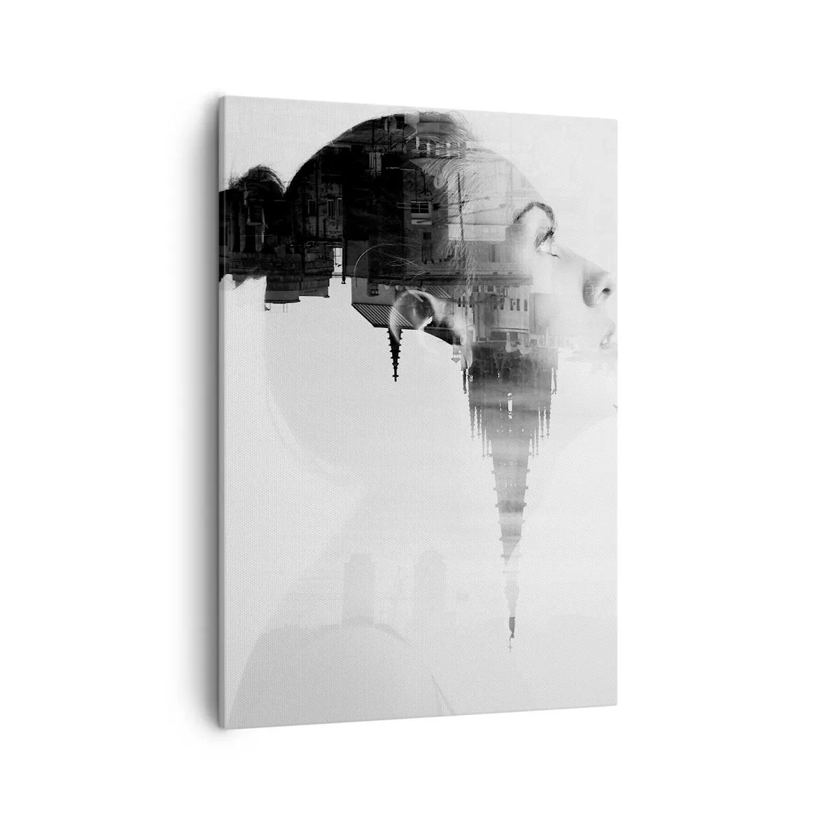 Obraz na płótnie - Podwójna ekspozycja kobiecego profilu i architektury w czarno-białym tonie - 50x70cm - Po dwóch stronach szyby - Nowoczesna dekoracja ścienna do salonu, kuchni i sypialni ARTTOR