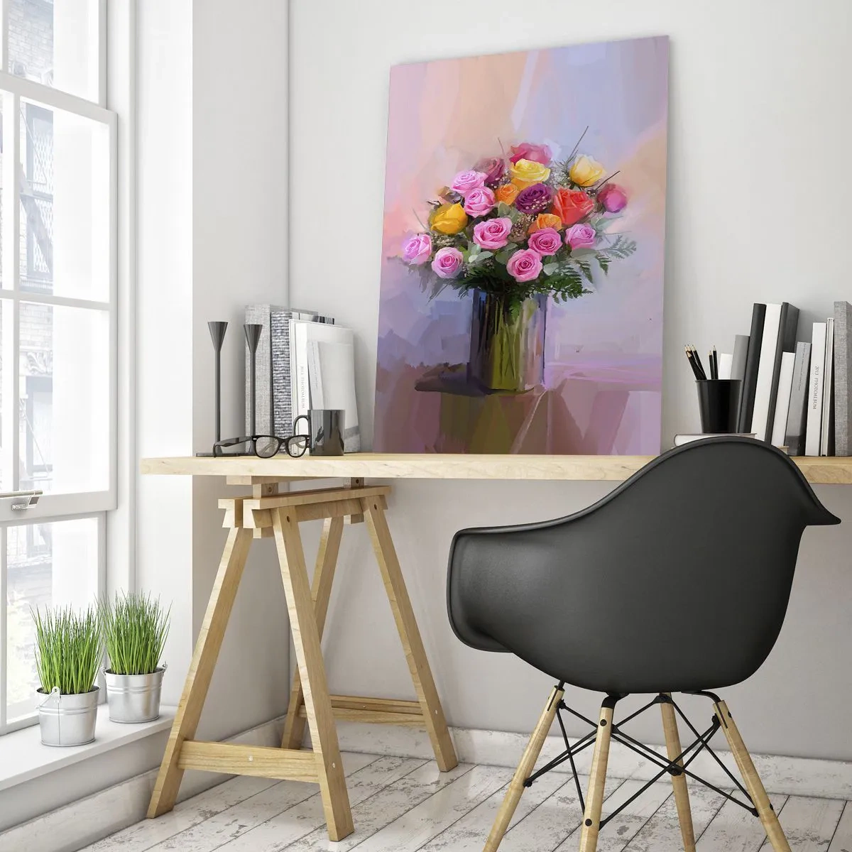 Obraz na szkle - Bukiet róż w szklanym wazonie na pastelowym tle - 50x70cm - Zatrzymane piękno - Nowoczesna dekoracja ścienna do salonu, kuchni i sypialni ARTTOR
