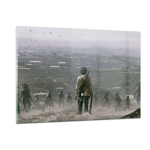 Obraz na szkle - Postać z karabinem w mrocznej scenerii zbliżającej się grupy - 120x80cm - Ostatni sprawiedliwy? - Nowoczesna dekoracja ścienna do salonu, kuchni i sypialni ARTTOR