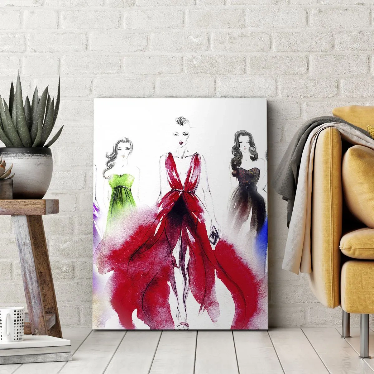 Obraz na płótnie - Ilustracja mody z trzema modelkami w kolorowych sukniach - 50x70cm - Nastroje na stroje - Nowoczesna dekoracja ścienna do salonu, kuchni i sypialni ARTTOR