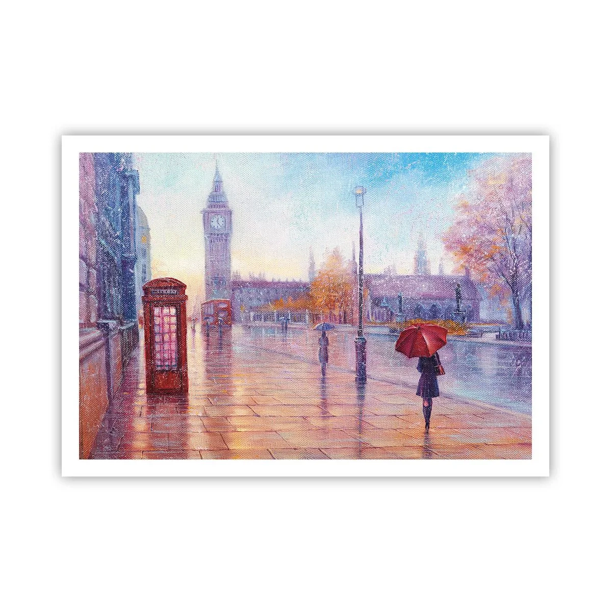 Plakat - Londyńska ulica z Big Benem w deszczowy dzień - 100x70cm - Londyński jesienny dzień - Nowoczesna dekoracja ścienna do salonu i sypialni ARTTOR