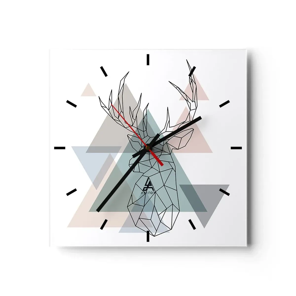 Zegar ścienny - Geometryczny jeleń na tle pastelowych trójkątów - 30x30cm - W geometrycznym lesie - Nowoczesna dekoracja ścienna do salonu i sypialni ARTTOR