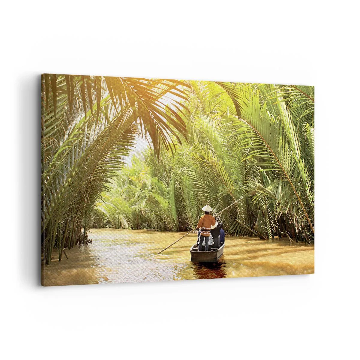 Obraz na płótnie - Łódź na rzece otoczona tropikalną roślinnością - 120x80cm - Palmowym wąwozem - Nowoczesna dekoracja ścienna do salonu, kuchni i sypialni ARTTOR